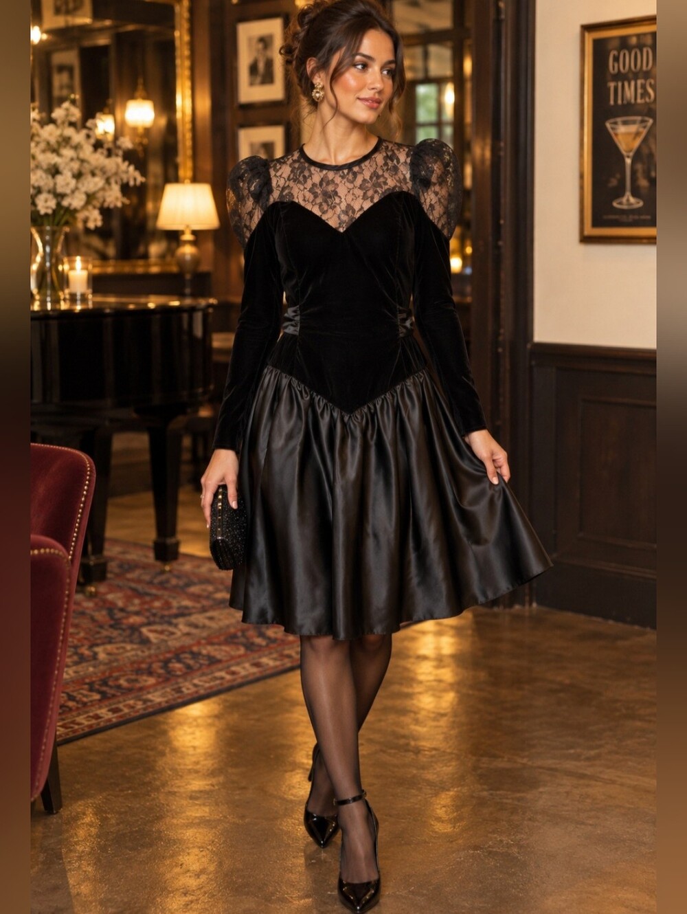 Vintage Steppin Out 80's Velvet lace cocktail party dress tulle Halloween USA